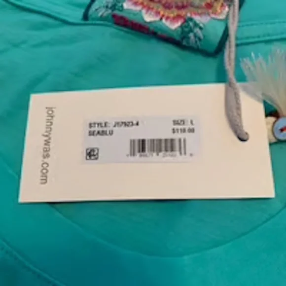 JOHNNY WAS embroidered Turquoise Tee STUNNING Sz L NWT-RARE/Hard-to-find! - Picture 8 of 16